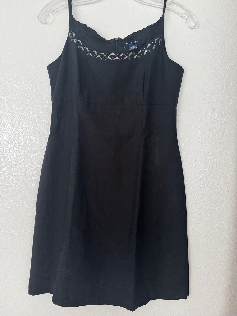 Ann Taylor elegant Black Slip Silk Dress with Floral Embroidery
